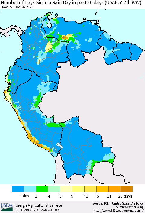 Northern South America Number of Days Since a Rain Day in past 30 days (USAF 557th WW) Thematic Map For 12/20/2021 - 12/26/2021