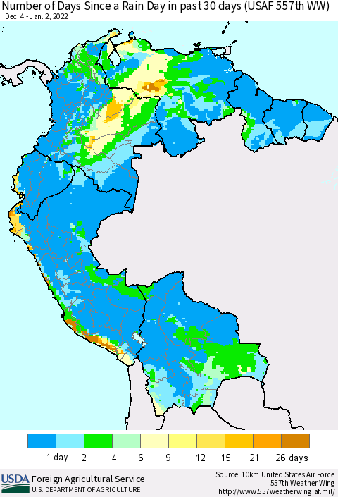Northern South America Number of Days Since a Rain Day in past 30 days (USAF 557th WW) Thematic Map For 12/27/2021 - 1/2/2022