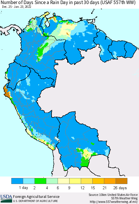 Northern South America Number of Days Since a Rain Day in past 30 days (USAF 557th WW) Thematic Map For 1/17/2022 - 1/23/2022