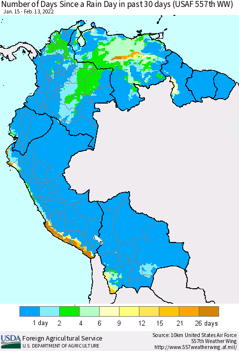 Northern South America Number of Days Since a Rain Day in past 30 days (USAF 557th WW) Thematic Map For 2/7/2022 - 2/13/2022
