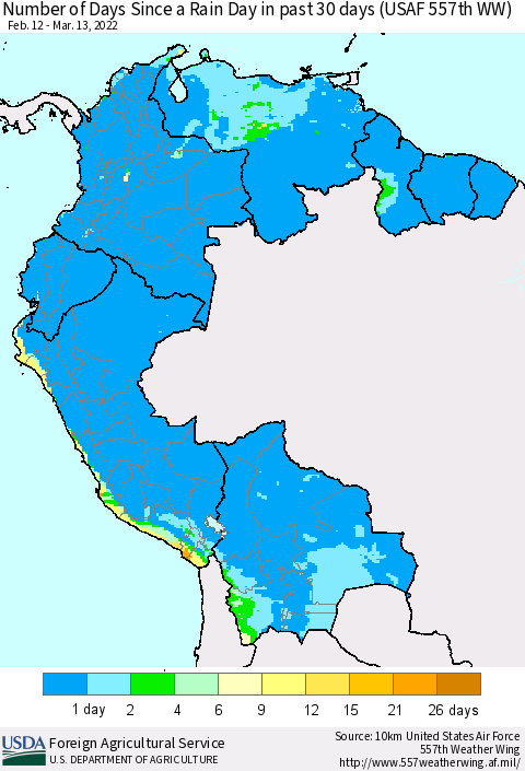 Northern South America Number of Days Since a Rain Day in past 30 days (USAF 557th WW) Thematic Map For 3/7/2022 - 3/13/2022