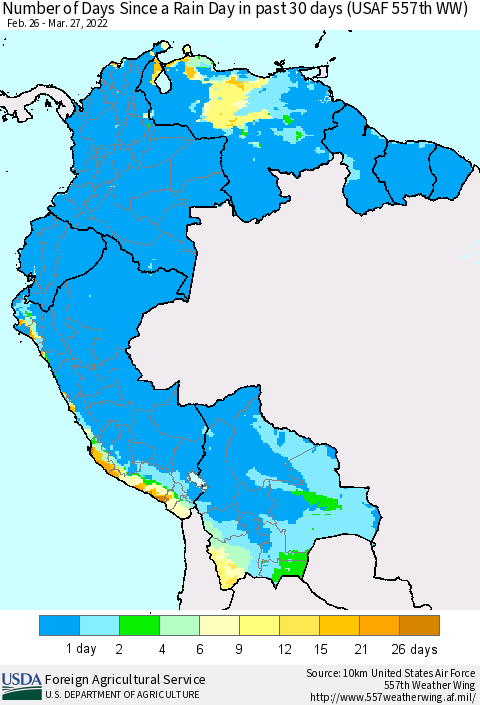 Northern South America Number of Days Since a Rain Day in past 30 days (USAF 557th WW) Thematic Map For 3/21/2022 - 3/27/2022