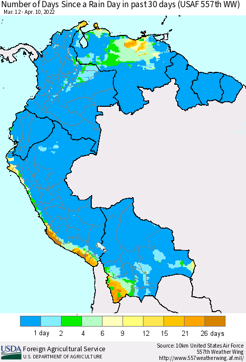 Northern South America Number of Days Since a Rain Day in past 30 days (USAF 557th WW) Thematic Map For 4/4/2022 - 4/10/2022
