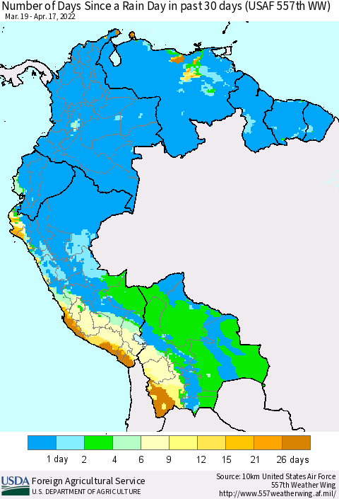 Northern South America Number of Days Since a Rain Day in past 30 days (USAF 557th WW) Thematic Map For 4/11/2022 - 4/17/2022