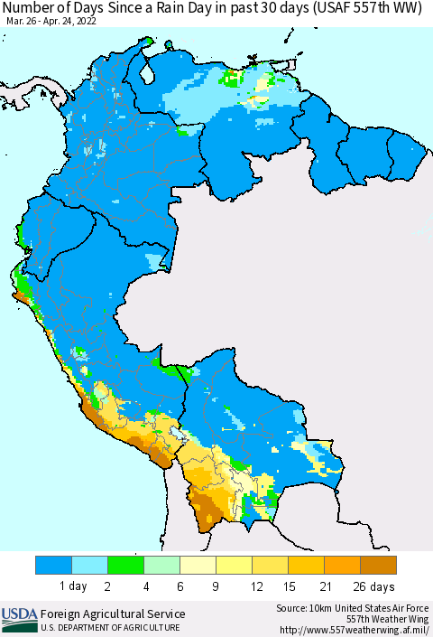 Northern South America Number of Days Since a Rain Day in past 30 days (USAF 557th WW) Thematic Map For 4/18/2022 - 4/24/2022
