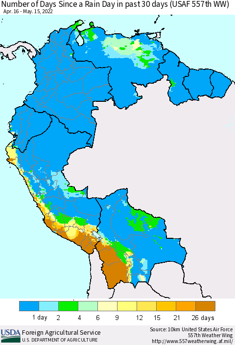 Northern South America Number of Days Since a Rain Day in past 30 days (USAF 557th WW) Thematic Map For 5/9/2022 - 5/15/2022