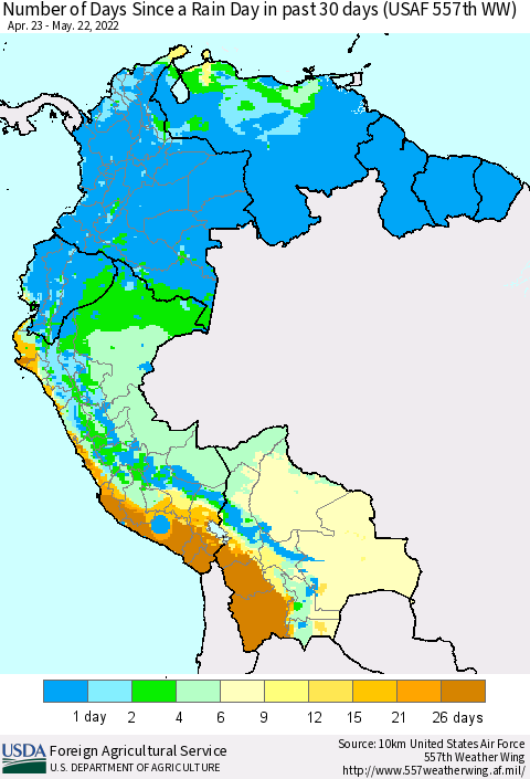 Northern South America Number of Days Since a Rain Day in past 30 days (USAF 557th WW) Thematic Map For 5/16/2022 - 5/22/2022