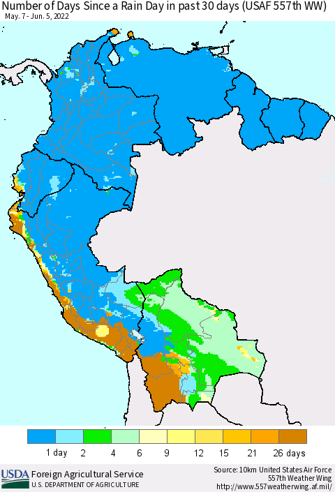 Northern South America Number of Days Since a Rain Day in past 30 days (USAF 557th WW) Thematic Map For 5/30/2022 - 6/5/2022