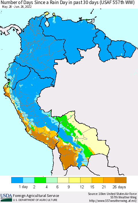 Northern South America Number of Days Since a Rain Day in past 30 days (USAF 557th WW) Thematic Map For 6/20/2022 - 6/26/2022