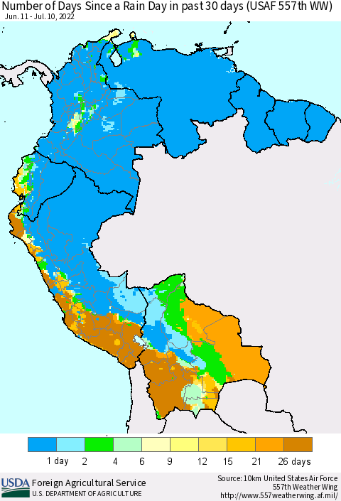 Northern South America Number of Days Since a Rain Day in past 30 days (USAF 557th WW) Thematic Map For 7/4/2022 - 7/10/2022