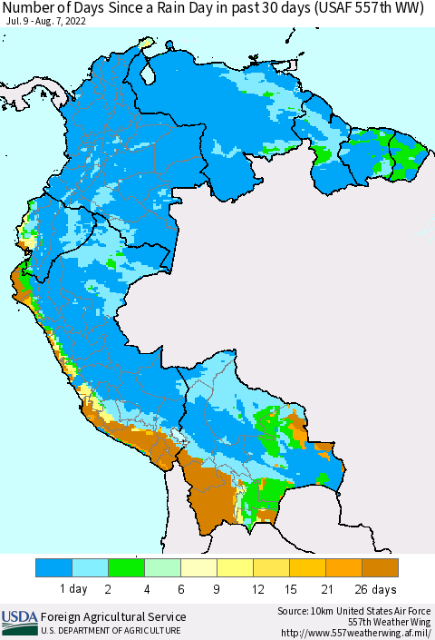 Northern South America Number of Days Since a Rain Day in past 30 days (USAF 557th WW) Thematic Map For 8/1/2022 - 8/7/2022