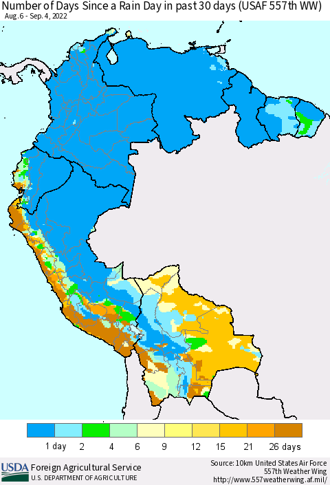 Northern South America Number of Days Since a Rain Day in past 30 days (USAF 557th WW) Thematic Map For 8/29/2022 - 9/4/2022