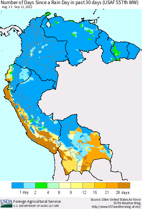 Northern South America Number of Days Since a Rain Day in past 30 days (USAF 557th WW) Thematic Map For 9/5/2022 - 9/11/2022