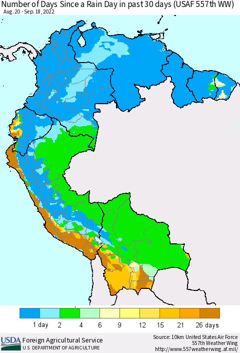 Northern South America Number of Days Since a Rain Day in past 30 days (USAF 557th WW) Thematic Map For 9/12/2022 - 9/18/2022