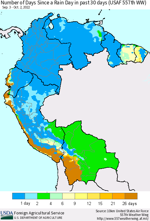Northern South America Number of Days Since a Rain Day in past 30 days (USAF 557th WW) Thematic Map For 9/26/2022 - 10/2/2022