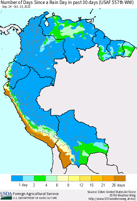 Northern South America Number of Days Since a Rain Day in past 30 days (USAF 557th WW) Thematic Map For 10/17/2022 - 10/23/2022
