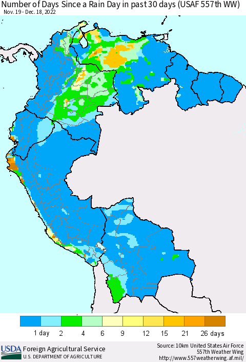 Northern South America Number of Days Since a Rain Day in past 30 days (USAF 557th WW) Thematic Map For 12/12/2022 - 12/18/2022