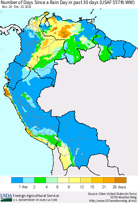 Northern South America Number of Days Since a Rain Day in past 30 days (USAF 557th WW) Thematic Map For 12/19/2022 - 12/25/2022