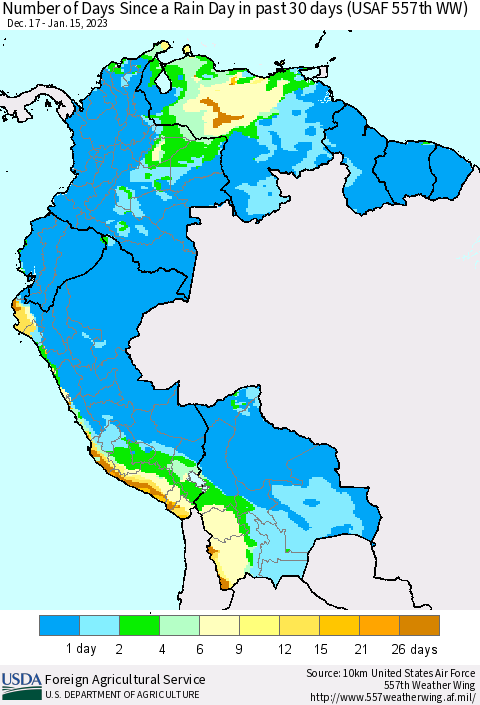 Northern South America Number of Days Since a Rain Day in past 30 days (USAF 557th WW) Thematic Map For 1/9/2023 - 1/15/2023