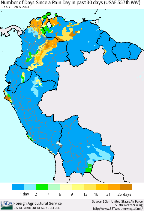 Northern South America Number of Days Since a Rain Day in past 30 days (USAF 557th WW) Thematic Map For 1/30/2023 - 2/5/2023