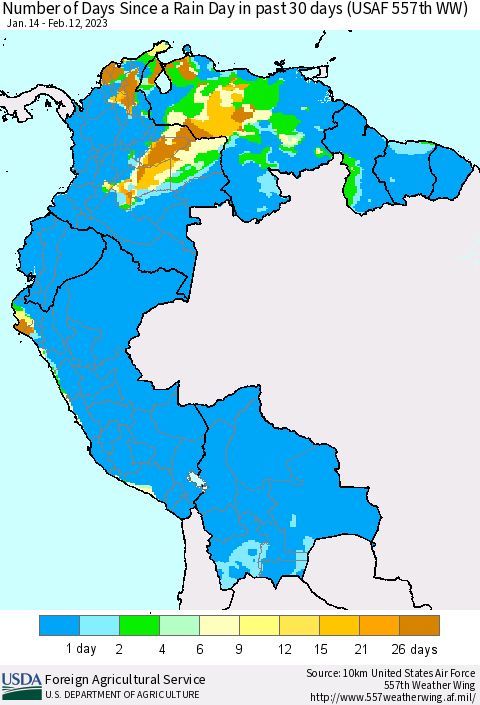 Northern South America Number of Days Since a Rain Day in past 30 days (USAF 557th WW) Thematic Map For 2/6/2023 - 2/12/2023