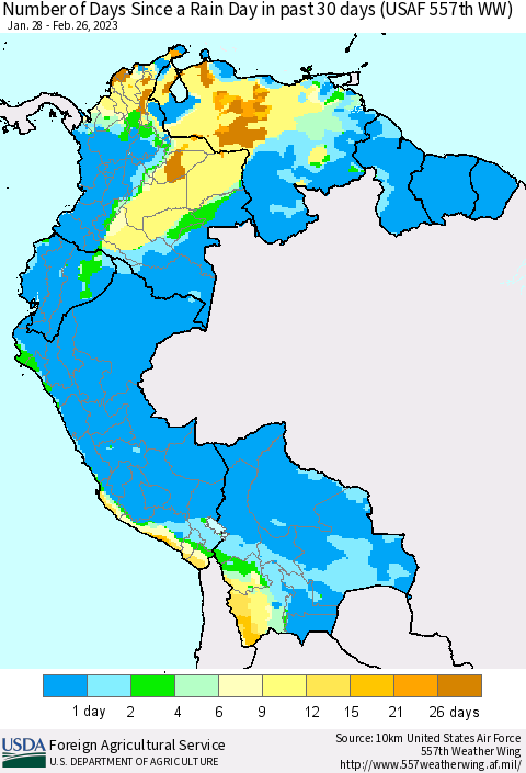 Northern South America Number of Days Since a Rain Day in past 30 days (USAF 557th WW) Thematic Map For 2/20/2023 - 2/26/2023
