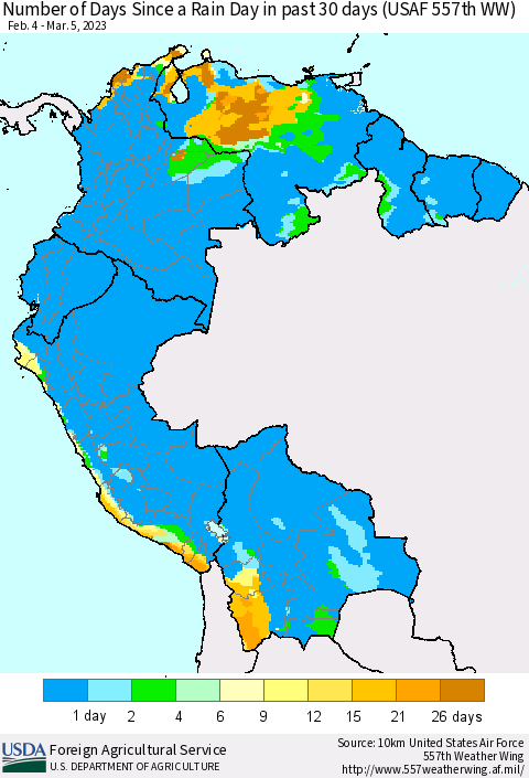 Northern South America Number of Days Since a Rain Day in past 30 days (USAF 557th WW) Thematic Map For 2/27/2023 - 3/5/2023