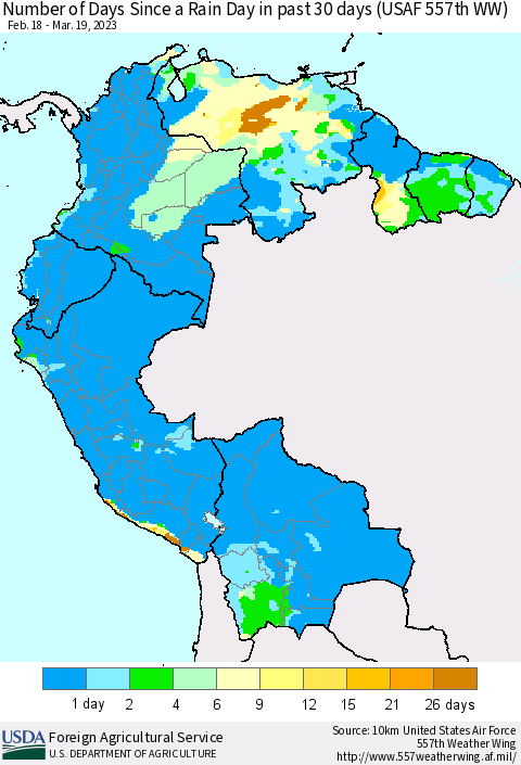 Northern South America Number of Days Since a Rain Day in past 30 days (USAF 557th WW) Thematic Map For 3/13/2023 - 3/19/2023