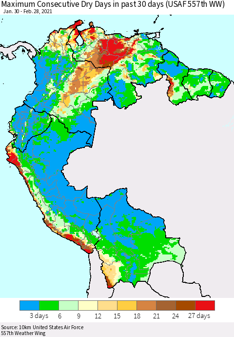 Northern South America Maximum Consecutive Dry Days in past 30 days (USAF 557th WW) 02/28/2021 Thematic Map For 2/26/2021 - 2/28/2021