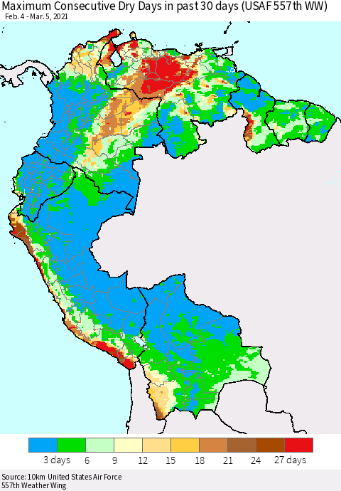 Northern South America Maximum Consecutive Dry Days in past 30 days (USAF 557th WW) 03/05/2021 Thematic Map For 3/1/2021 - 3/5/2021