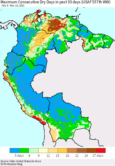 Northern South America Maximum Consecutive Dry Days in past 30 days (USAF 557th WW) 03/10/2021 Thematic Map For 3/6/2021 - 3/10/2021