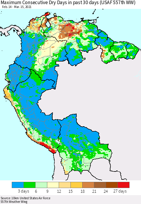 Northern South America Maximum Consecutive Dry Days in past 30 days (USAF 557th WW) 03/15/2021 Thematic Map For 3/11/2021 - 3/15/2021