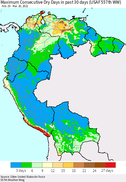 Northern South America Maximum Consecutive Dry Days in past 30 days (USAF 557th WW) 03/20/2021 Thematic Map For 3/16/2021 - 3/20/2021