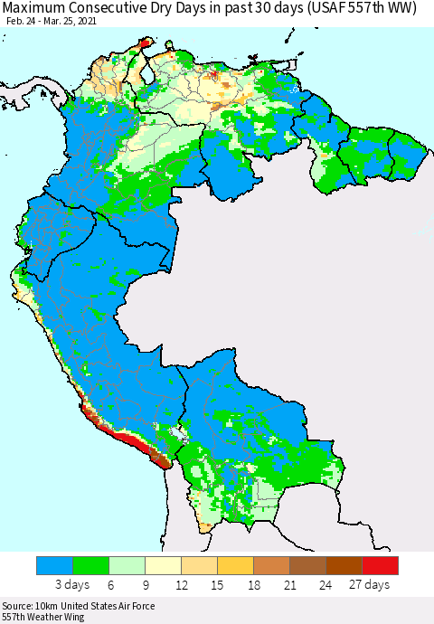 Northern South America Maximum Consecutive Dry Days in past 30 days (USAF 557th WW) 03/25/2021 Thematic Map For 3/21/2021 - 3/25/2021