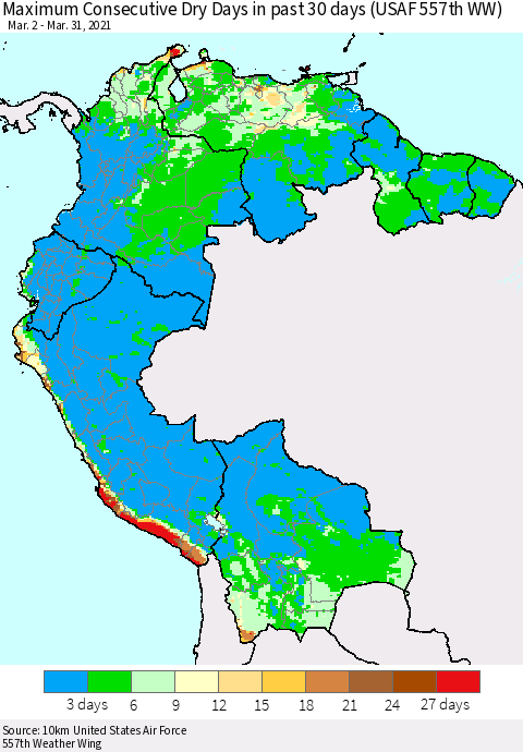 Northern South America Maximum Consecutive Dry Days in past 30 days (USAF 557th WW) 03/31/2021 Thematic Map For 3/26/2021 - 3/31/2021