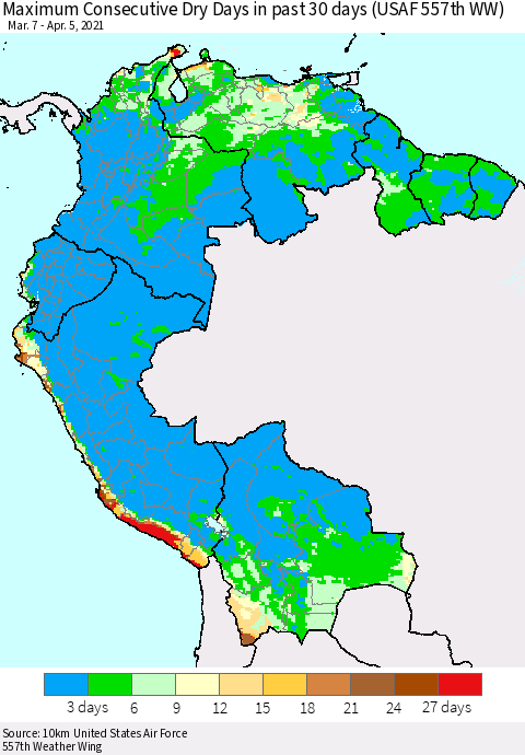 Northern South America Maximum Consecutive Dry Days in past 30 days (USAF 557th WW) 04/05/2021 Thematic Map For 4/1/2021 - 4/5/2021