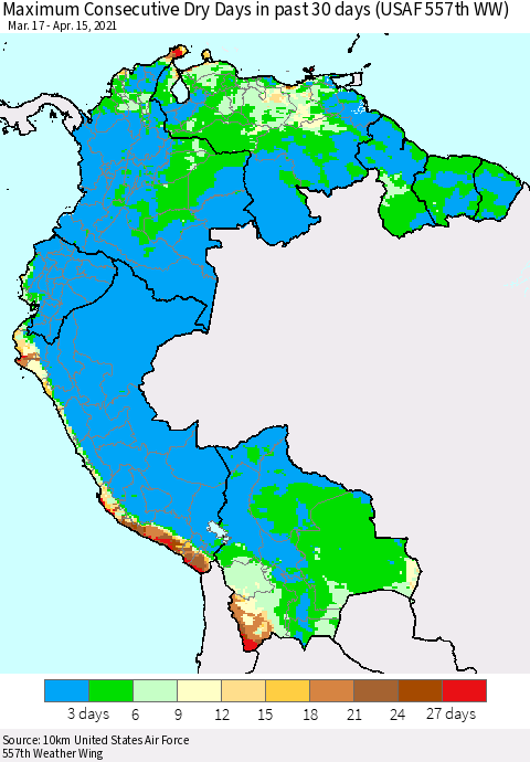 Northern South America Maximum Consecutive Dry Days in past 30 days (USAF 557th WW) 04/15/2021 Thematic Map For 4/11/2021 - 4/15/2021