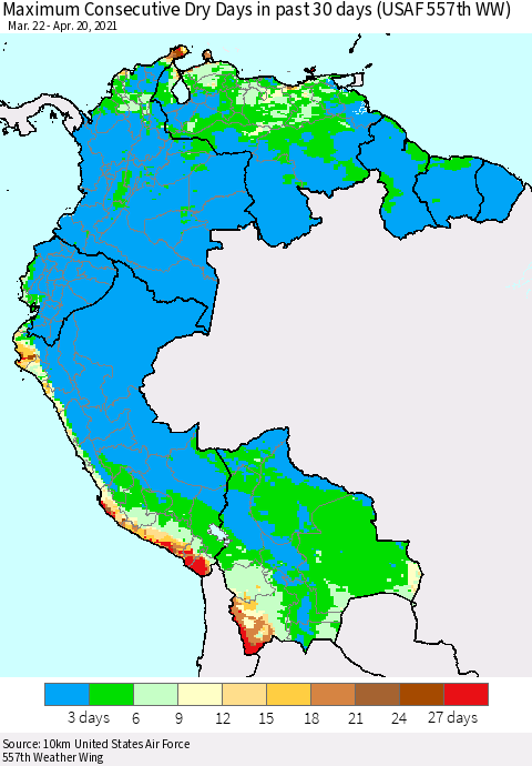 Northern South America Maximum Consecutive Dry Days in past 30 days (USAF 557th WW) 04/20/2021 Thematic Map For 4/16/2021 - 4/20/2021