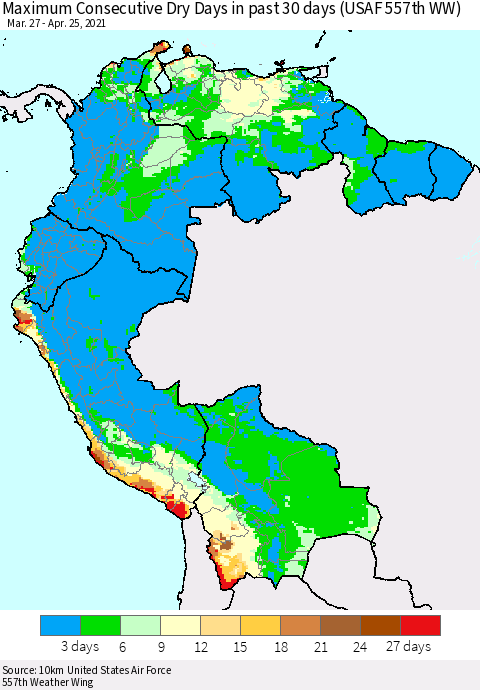 Northern South America Maximum Consecutive Dry Days in past 30 days (USAF 557th WW) 04/25/2021 Thematic Map For 4/21/2021 - 4/25/2021