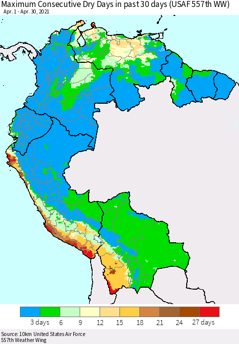 Northern South America Maximum Consecutive Dry Days in past 30 days (USAF 557th WW) 04/30/2021 Thematic Map For 4/26/2021 - 4/30/2021