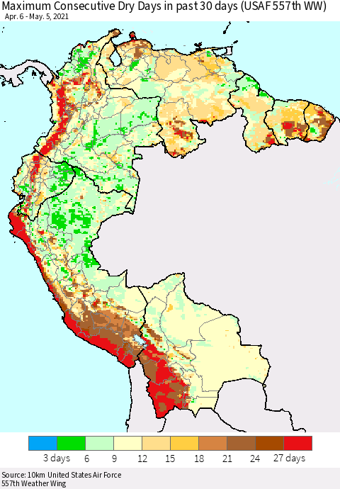 Northern South America Maximum Consecutive Dry Days in past 30 days (USAF 557th WW) 05/05/2021 Thematic Map For 5/1/2021 - 5/5/2021
