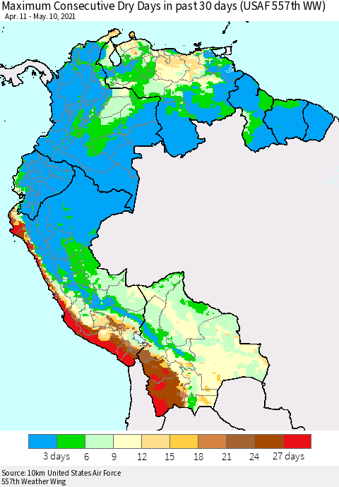 Northern South America Maximum Consecutive Dry Days in past 30 days (USAF 557th WW) 05/10/2021 Thematic Map For 5/6/2021 - 5/10/2021