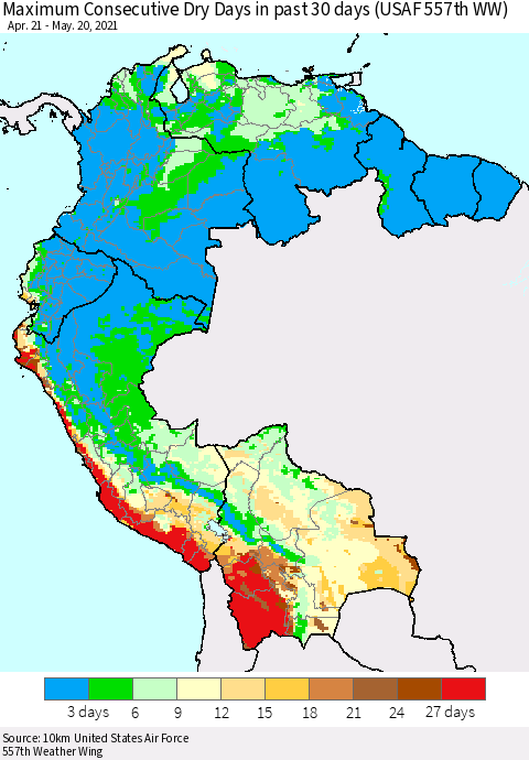 Northern South America Maximum Consecutive Dry Days in past 30 days (USAF 557th WW) 05/20/2021 Thematic Map For 5/16/2021 - 5/20/2021