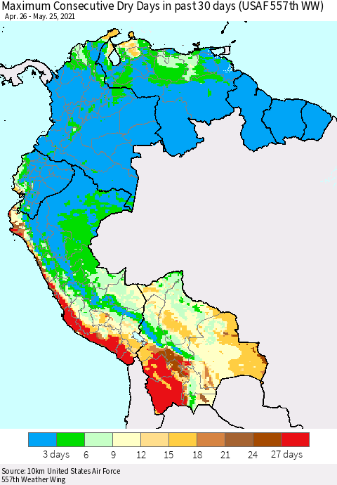 Northern South America Maximum Consecutive Dry Days in past 30 days (USAF 557th WW) 05/25/2021 Thematic Map For 5/21/2021 - 5/25/2021
