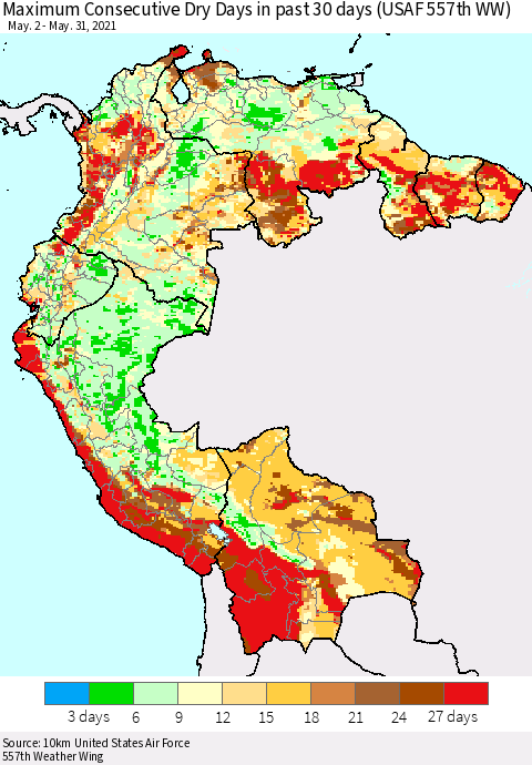 Northern South America Maximum Consecutive Dry Days in past 30 days (USAF 557th WW) 05/31/2021 Thematic Map For 5/26/2021 - 5/31/2021