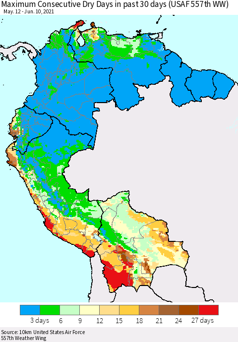 Northern South America Maximum Consecutive Dry Days in past 30 days (USAF 557th WW) 06/10/2021 Thematic Map For 6/6/2021 - 6/10/2021