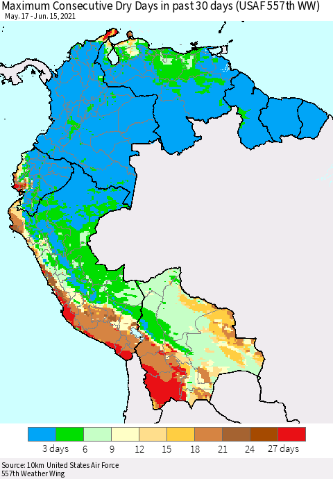 Northern South America Maximum Consecutive Dry Days in past 30 days (USAF 557th WW) 06/15/2021 Thematic Map For 6/11/2021 - 6/15/2021