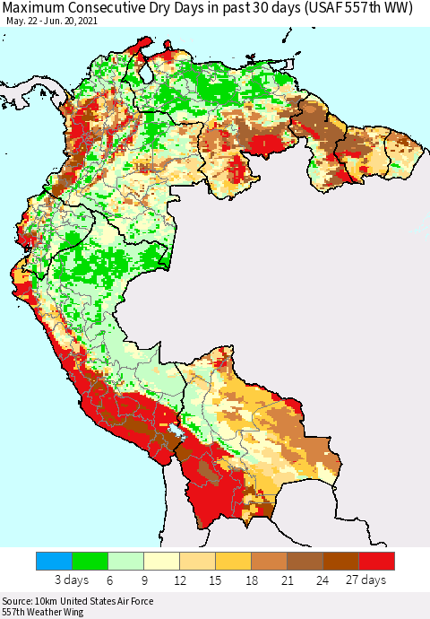 Northern South America Maximum Consecutive Dry Days in past 30 days (USAF 557th WW) 06/20/2021 Thematic Map For 6/16/2021 - 6/20/2021