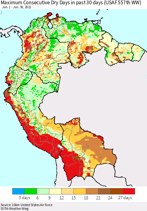 Northern South America Maximum Consecutive Dry Days in past 30 days (USAF 557th WW) 06/30/2021 Thematic Map For 6/26/2021 - 6/30/2021