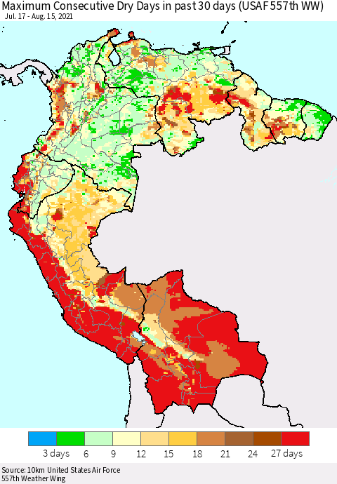 Northern South America Maximum Consecutive Dry Days in past 30 days (USAF 557th WW) 08/15/2021 Thematic Map For 8/11/2021 - 8/15/2021